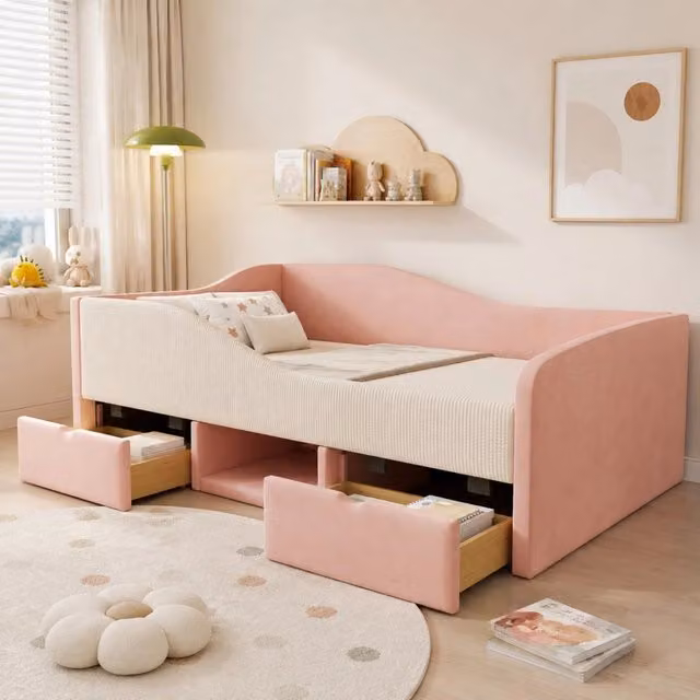 Letto singolo imbottito ULEVR 90x190 cm con 2 cassetti, sponde di protezione e vano porta scarpe, rosa e bianco crema