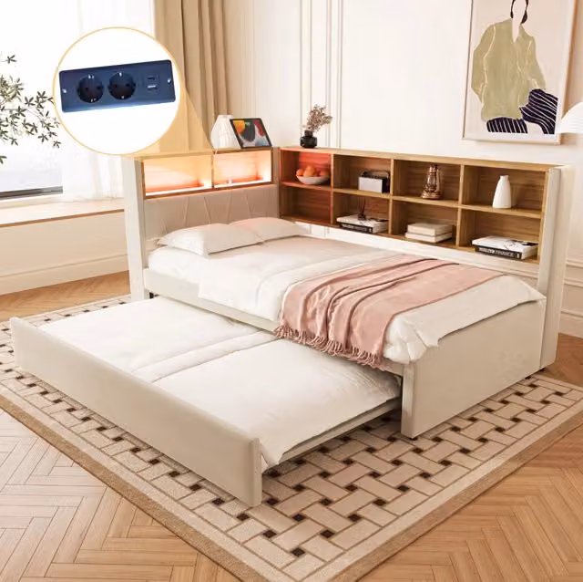 Divano letto 90x200 cm con letto estraibile 90x190 cm; LED e porte USB/Type-C; beige