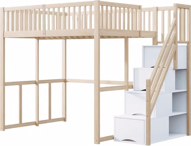 Letto a soppalco matrimoniale in legno naturale con scala contenitore e sponda di sicurezza L/P/H: 200 x 140 x 147 cm