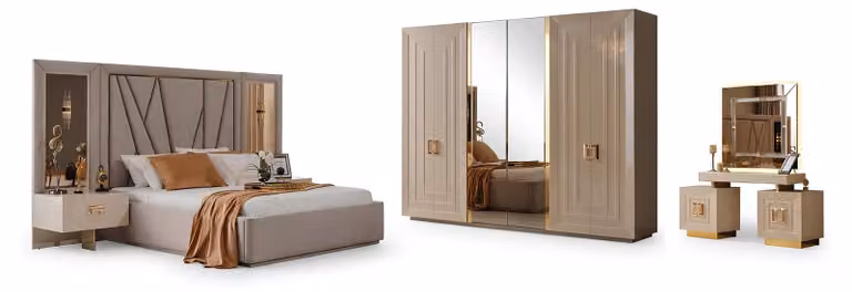 Set da camera da letto: comodino, letto, cassettiera, armadio, specchio, beige