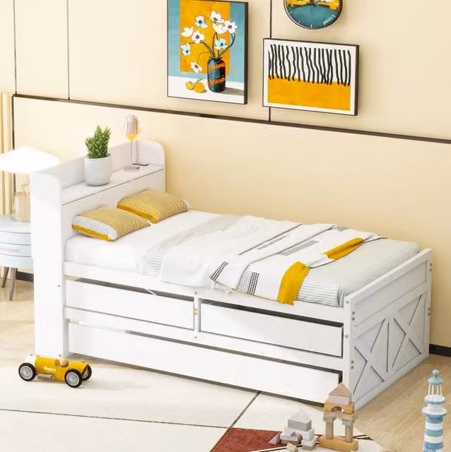 Letto 90x190 cm con letto estraibile; cassetti e USB in legno
