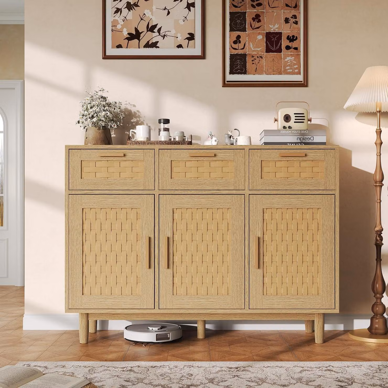 Mobile contenitore laterale con 3 cassetti e 3 ante, credenza in stile bohémien, legno, 108x40x80 cm