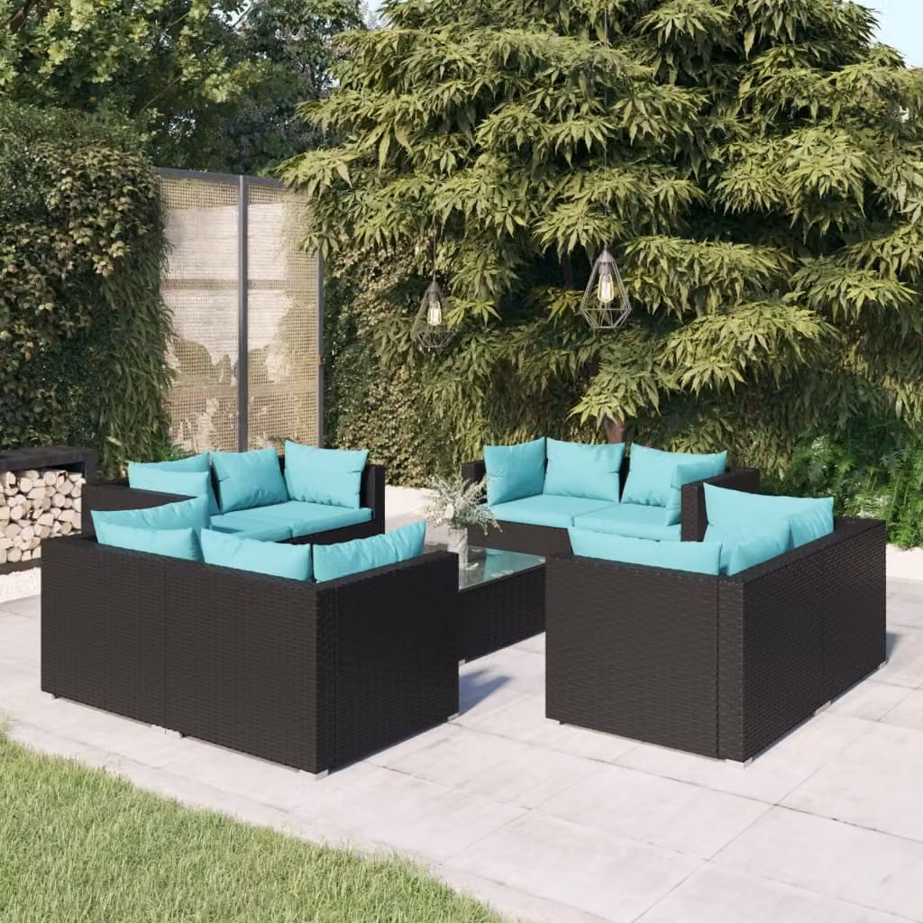 The Living Store Set da giardino 9 pezzi con cuscini in poly rattan nero