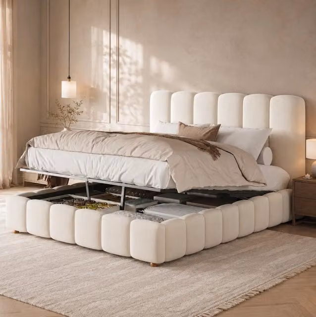 Letto matrimoniale contenitore 140x190 cm con sollevamento idraulico; velluto beige