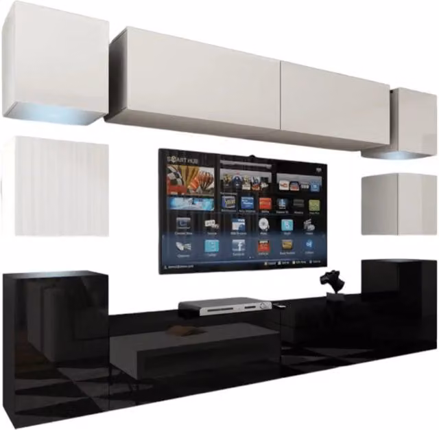 Set di mobili da salotto sospesi Meublorama collezione CEPTO XIV, composto da 10 pezzi con illuminazione LED integrata, colori nero, bianco e multicolore, L: 256 cm