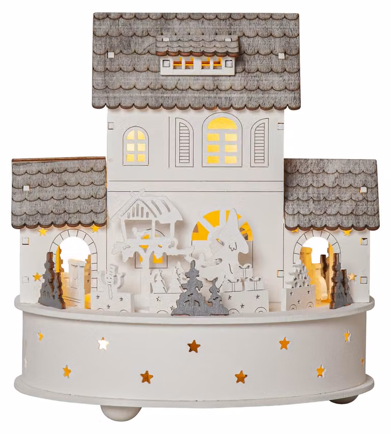 Villaggio di Natale a LED 'Grauberg' con treno, carillon, timer, batteria, legno