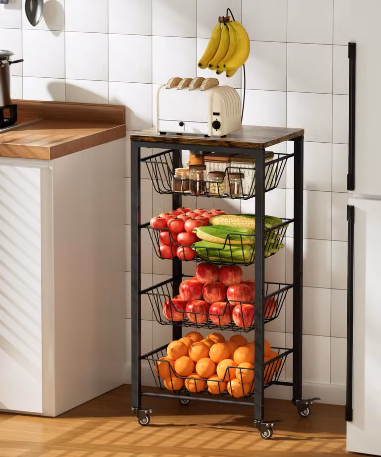 Carrello portaoggetti da cucina a 5 ripiani con cesti metallici estraibili