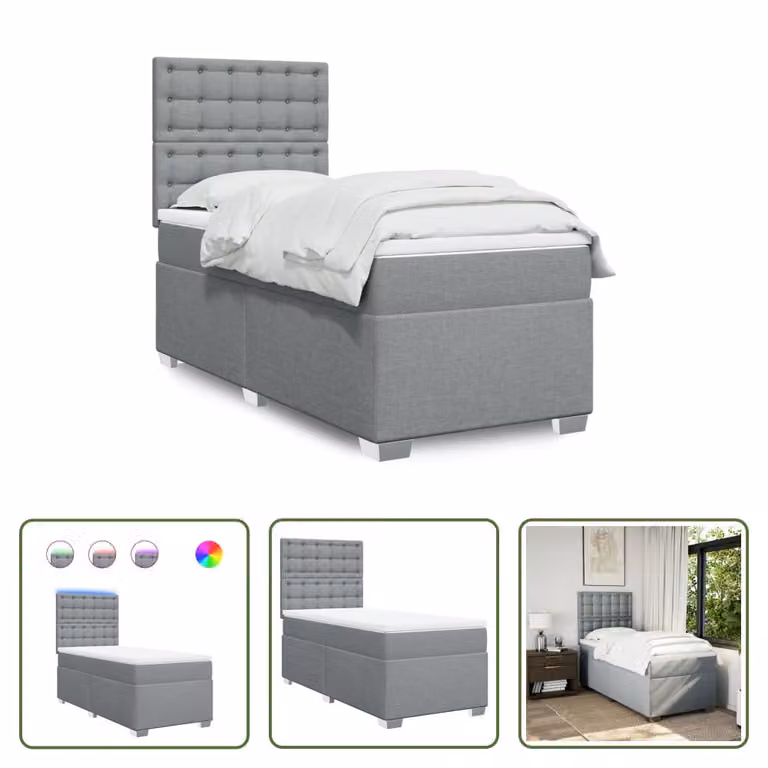 The Living Store Letto a molle con materasso grigio chiaro 90x190 cm in tessuto
