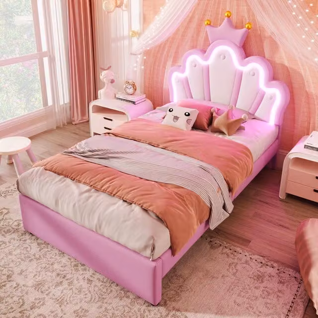 Letto per bambini 90×200 cm con 2 cassetti, LED a 16 colori e testiera regolabile, senza materasso, in PU rosa