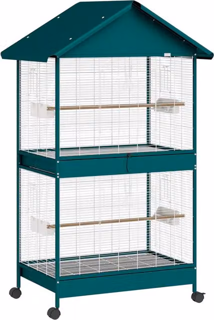 Gabbia per uccelli con ruote 94 x 70 x 158 cm divisorio rimovibile facile pulizia moderno industriale in acciaio verde scuro 21_0007596