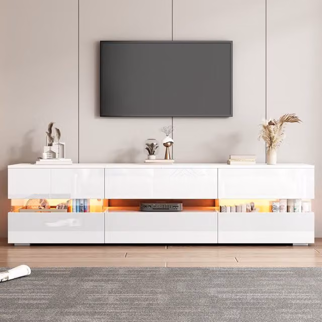 Mobile TV moderno lucido bianco con illuminazione LED integrata e dettagli in vetro, L: 160 cm, P: 39 cm, H: 45 cm