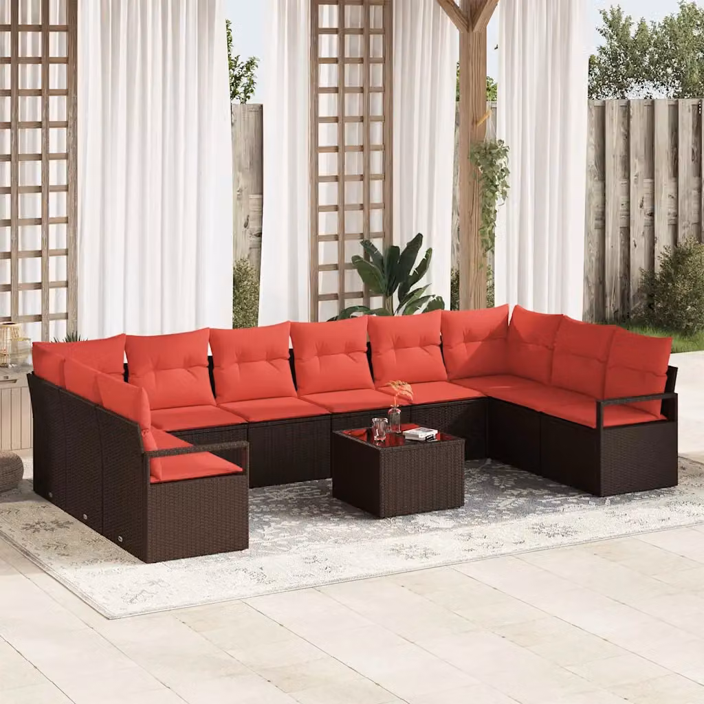 Set Divano da Giardino vidaXL 11 pz a forma di U in Polyrattan Marrone e Rosso con Cuscini e Tavolino