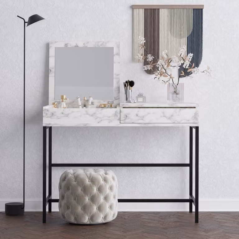 Skye Decor, Linda - Marmo di Carrara, Marmo di Carrara, Tavolo da trucco, 100 x 45 x 75 cm, 100% PANNELLI DI PARTICELLE RIVESTITI IN MELAMMINA