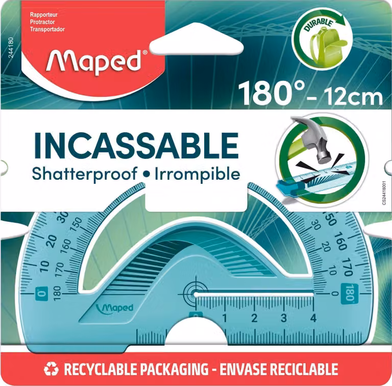Goniometro indistruttibile, realizzato in plastica ergonomica e resistente, con un arco di 180° e una lunghezza di 12 cm