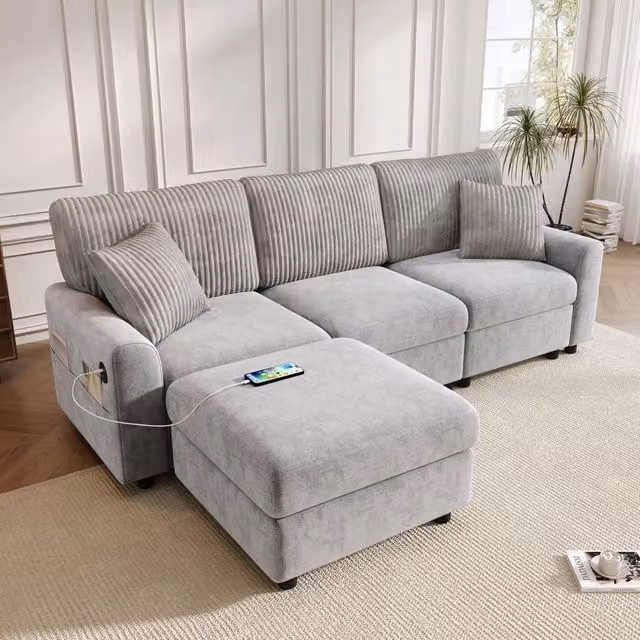 Divano angolare moderno 223 x 146 x 84 cm; poggiapiedi 2 cuscini porta USB e Type-C; soggiorno; ciniglia velluto a coste; grigio