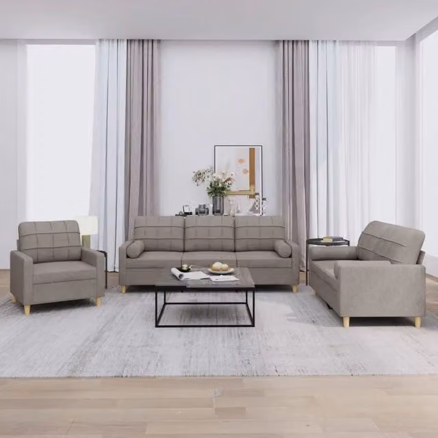 Set di divani 3 pezzi vidaXL beige in tessuto con cuscini per soggiorno moderno