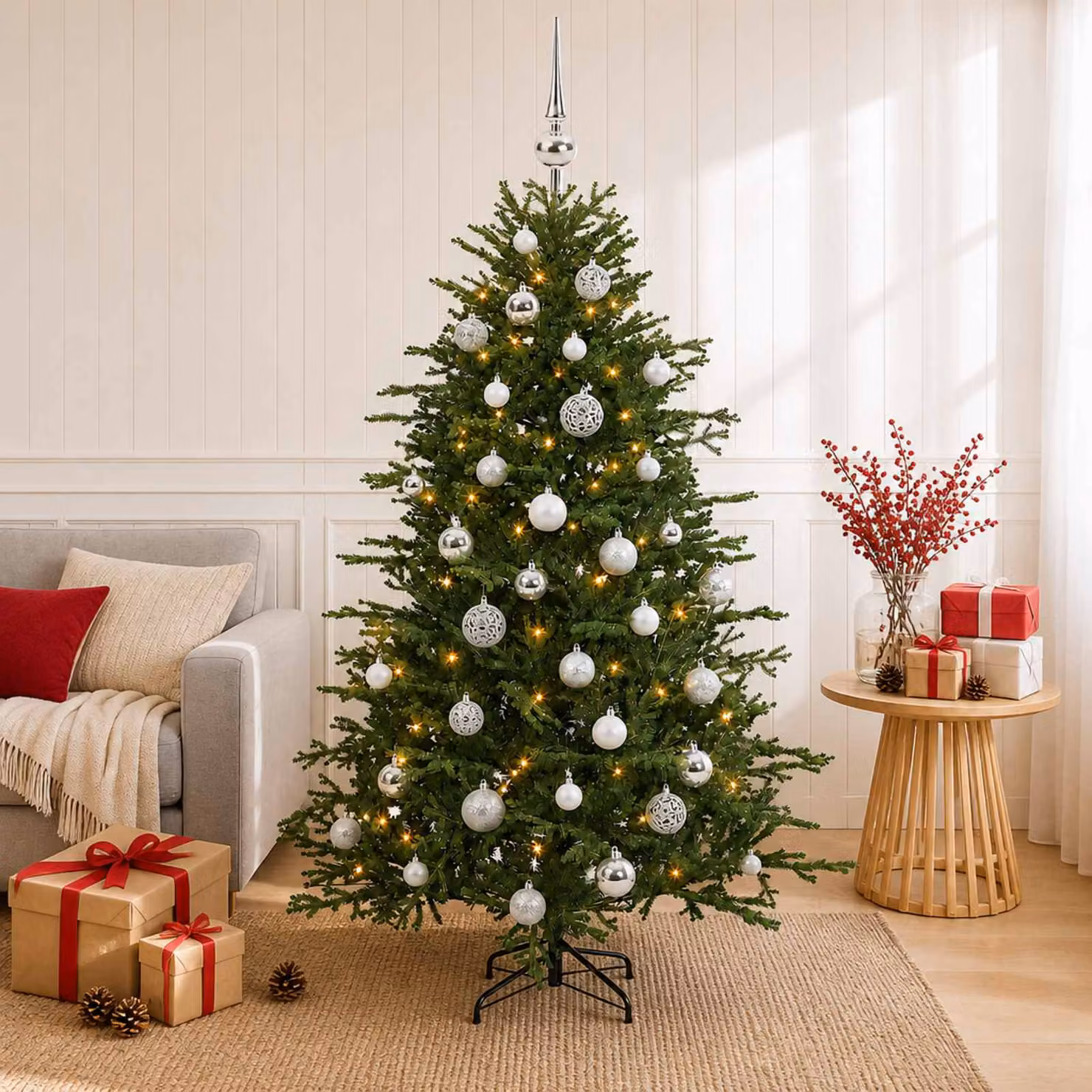 Albero di Natale artificiale verde vidaXL con 150 LED luce bianca calda e decorazioni con palline, Altezza: 120 cm