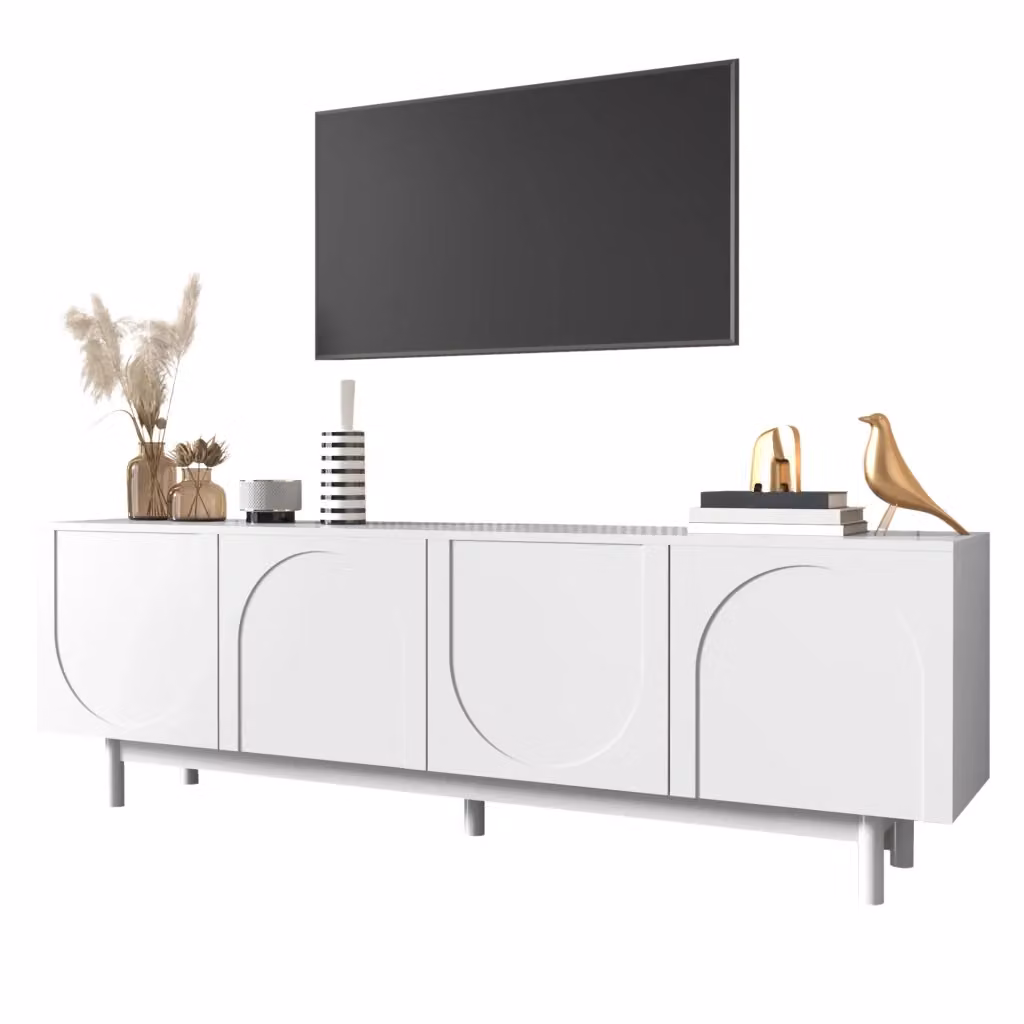Cassettiera TV moderna KOMHTOM bianca in legno con vani porta media L: 175 cm, P: 38 cm, H: 56 cm – 2