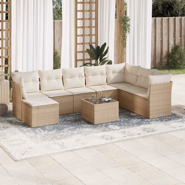 vidaXL Set Divano da Giardino 9 pz in Polyrattan Beige con Cuscini e Tavolino da Caffè
