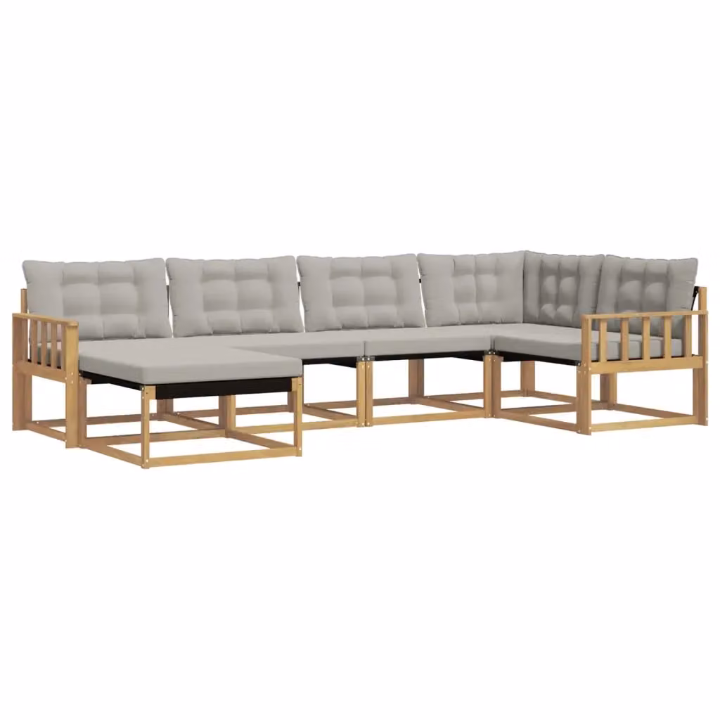Set di divani da esterno a L vidaXL in legno di acacia con cuscini bianchi e grigi e pouf coordinato – 2