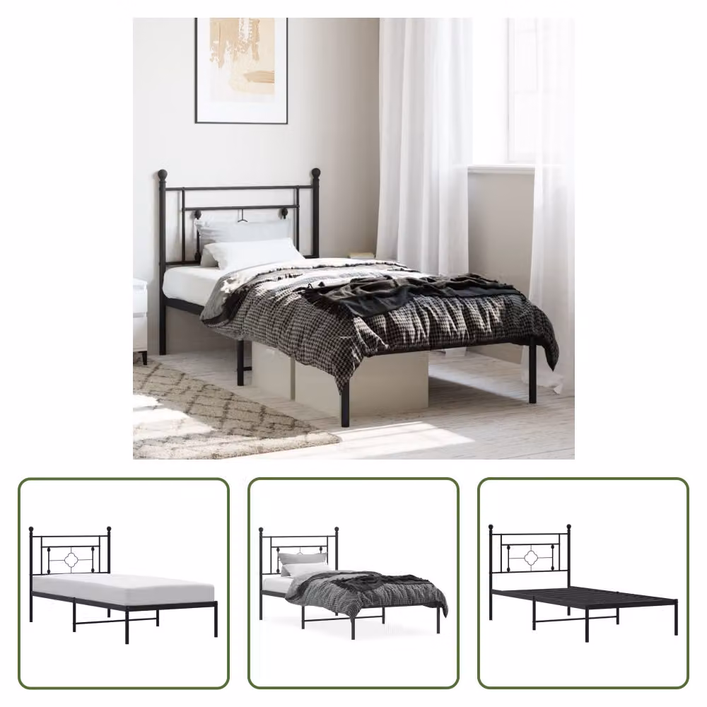 The Living Store Struttura letto con testiera in metallo nero 90x190 cm