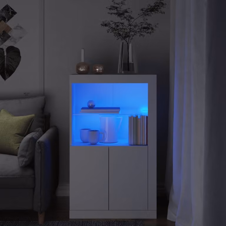 Armadietto da parete moderno vidaXL con luci LED integrate e ante a battente in legno e vetro, Bianco opaco, L: 100 cm, H: 60,5 cm, P: 37 cm