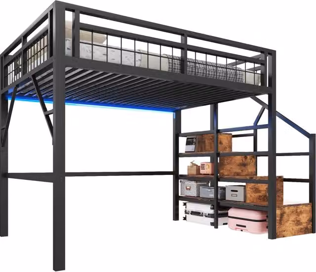 Letto a castello REDOM per bambini in metallo e MDF nero con scale contenitore e illuminazione LED sotto il letto L/P/H: 252 x 140 x 200 cm – 1