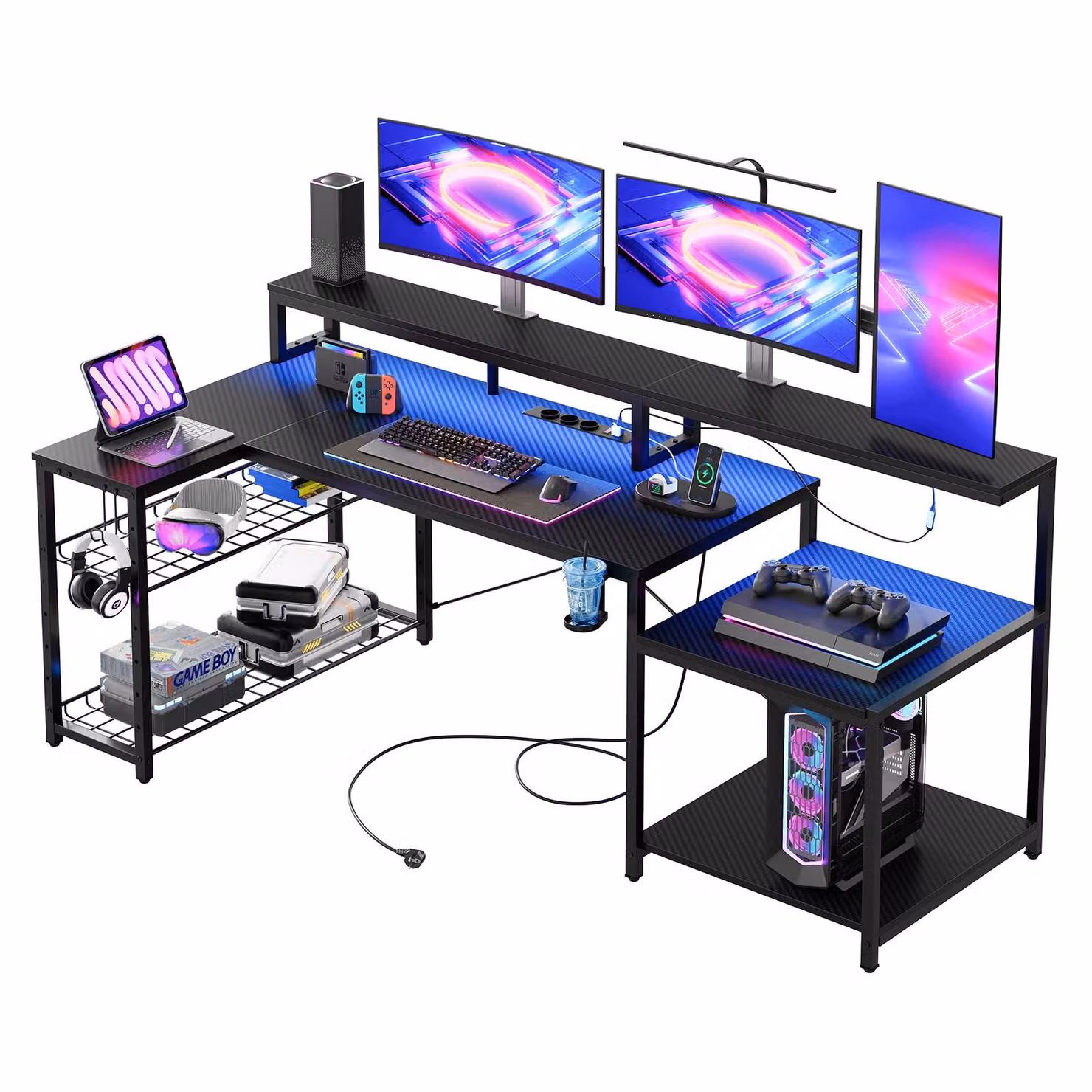 Scrivania per computer Bestier, scrivania da gaming a forma di L con illuminazione a LED, scrivania, presa di corrente e USB - Scrivania angolare 181x80 cm - Fibra di carbonio