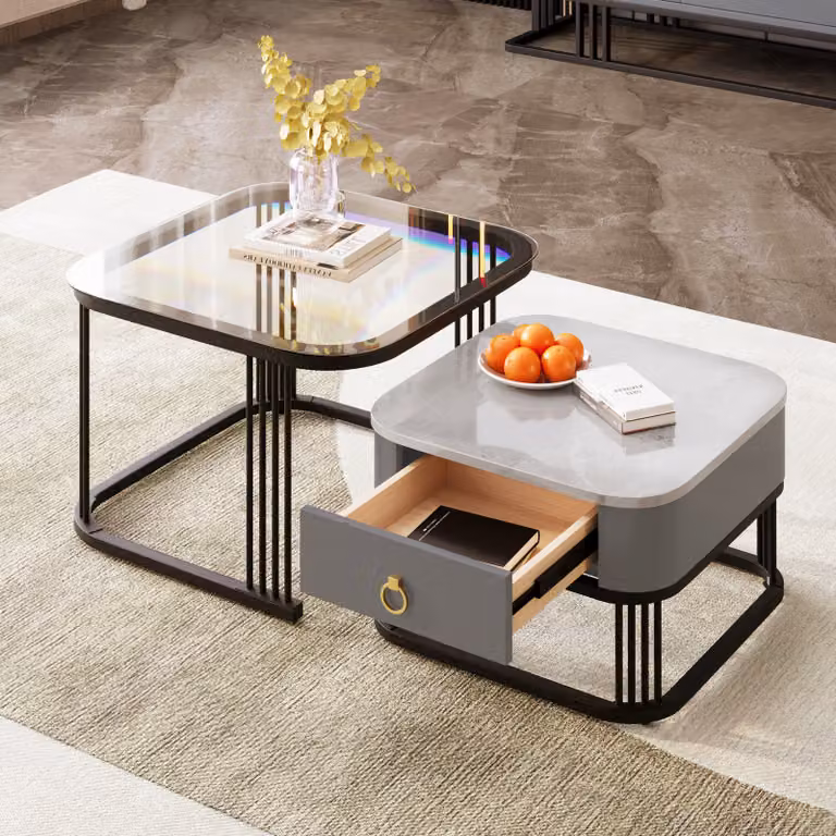STILVORA Tavolino con effetto marmo e piano in vetro color tè, gambe nere, tavolino con cassetti, set di due pezzi lucido