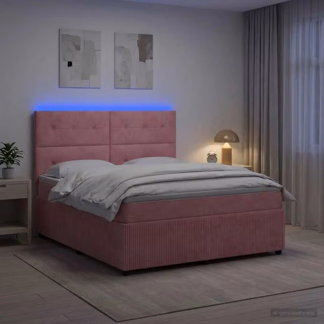 Letto Box Spring vidaXL in Velluto Rosa con Materasso Ibrido e Illuminazione LED, L/P: 160 x 200 cm – 1