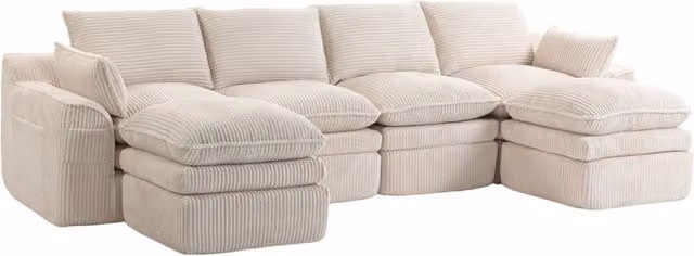 Divano modulare beige in velluto a coste con tasche laterali e molle interne