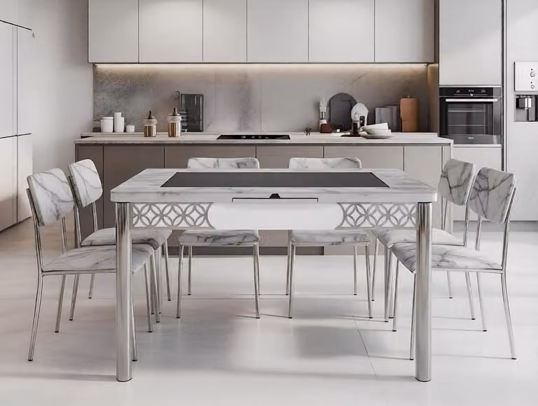 Tavolo da pranzo, rettangolare, bianco, argento, confortevole, elegante, pratico