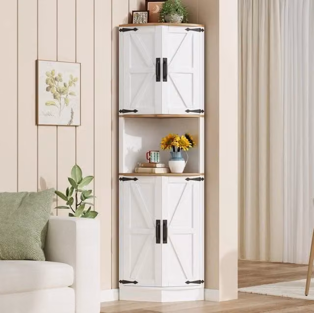 Mobile angolare alto in MDF bianco con ante e ripiani per cucina o soggiorno L/P/H: 39,5 x 39,5 x 180 cm