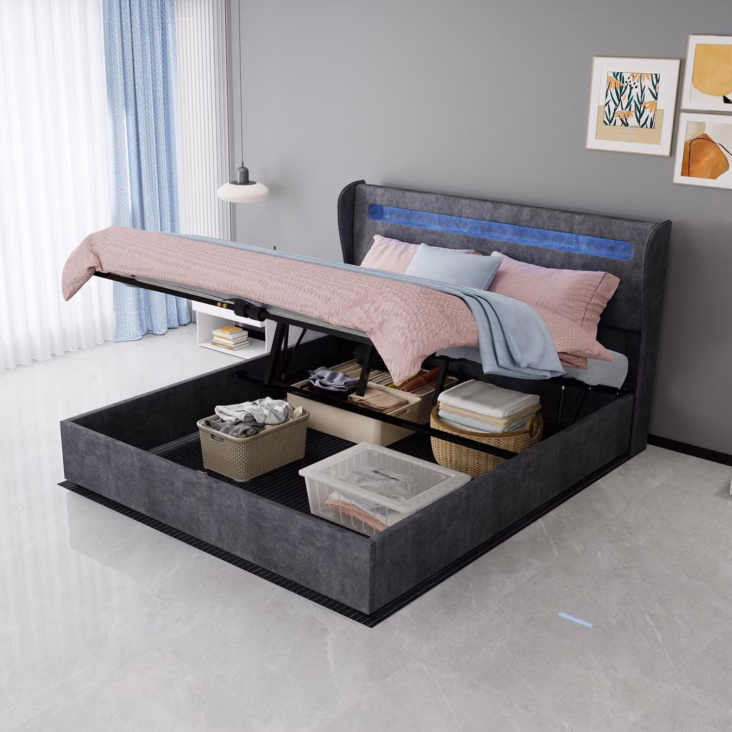 Letto imbottito 160x200 cm, color beige, con spazio contenitore, rivestito in cotone, con testiera imbottita dotata di porte USB e di tipo C, e illuminazione LED a 3 lati