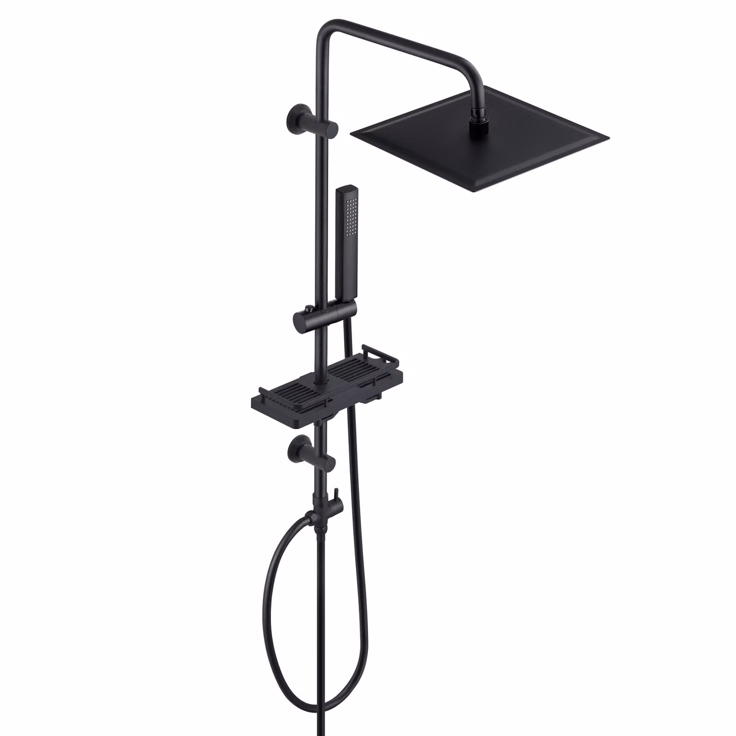 JOHO Nero Colonna Doccia Acciaio Inox Senza Miscelatore Regolabili Asta Doccia Soffione Doccetta Porta Ogetti Mensola Quadrato 25x25 cm