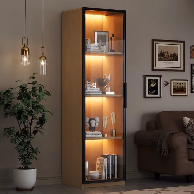 Vetrina stretta con anta in vetro temperato, LED multicolore e chiusura ammortizzata per soggiorno, 40×40×165 cm