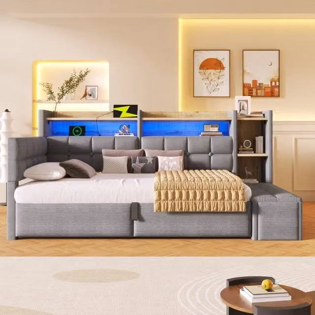 Daybed in velluto 90x200 cm con accumulo idraulico LED e USB-C - Grigio scuro