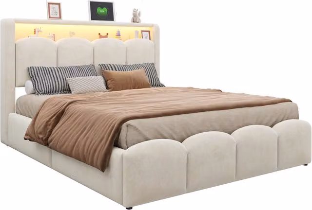 Letto matrimoniale 140x200 imbottito in velluto beige con contenitore idraulico; LED e prese USB Tipo C