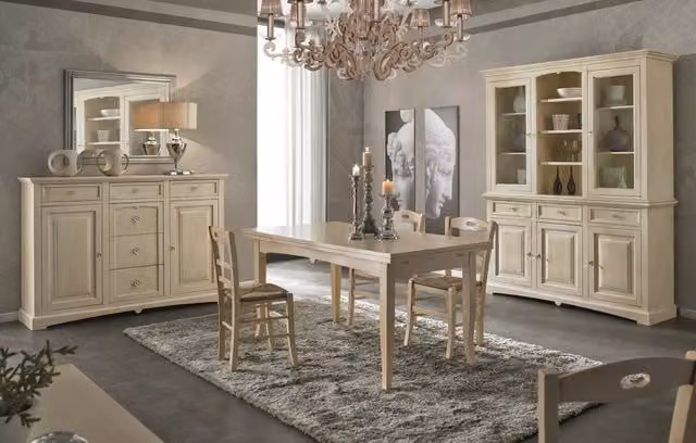 Set da pranzo shabby chic Mobili 2G in legno di pino bianco con tavolo rettangolare estensibile e 6 sedie – 1