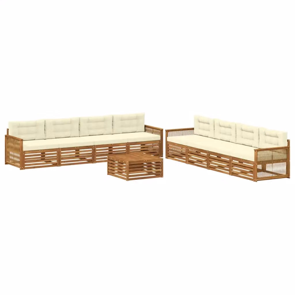 Set di divani da esterno a forma di U vidaXL in legno di acacia con tavolino e cuscini, Beige e Bianco – 2