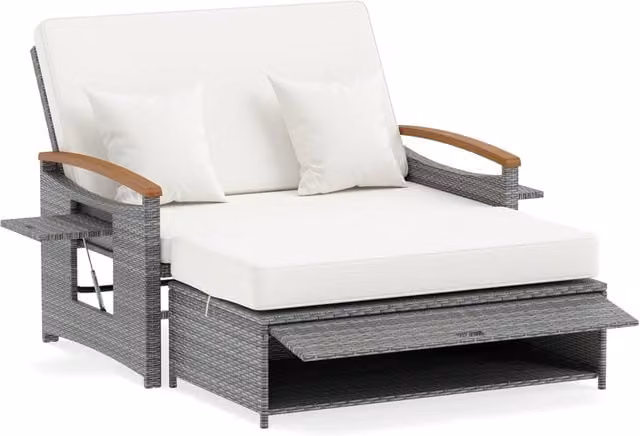Lettino Prendisole da Giardino per 2 Persone, Divano con Panca Contenitore e Cuscino con Schienale Regolabile a 4 Livelli e Vassoi Laterali Estraibili per Balcone (Mix grigio-Bianco)