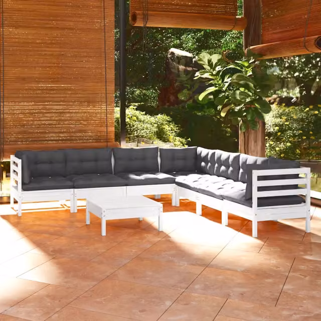 Set Divani da Giardino 8 pz con Cuscini Bianchi Legno di Pino 3096798