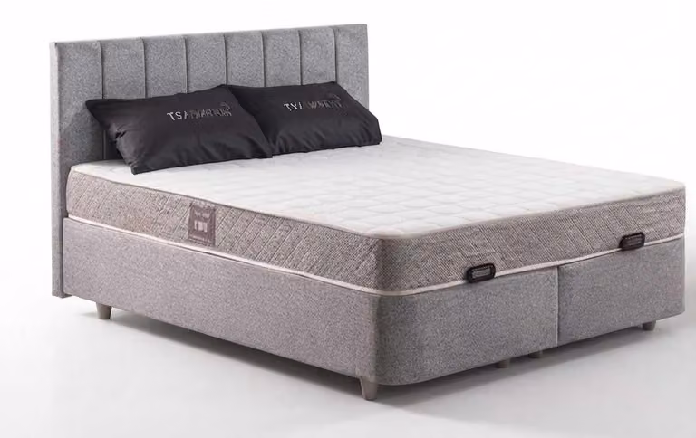 Letto imbottito moderno, grigio, con struttura in legno e testiera in tessuto, ideale per la camera da letto, per un comfort ottimale