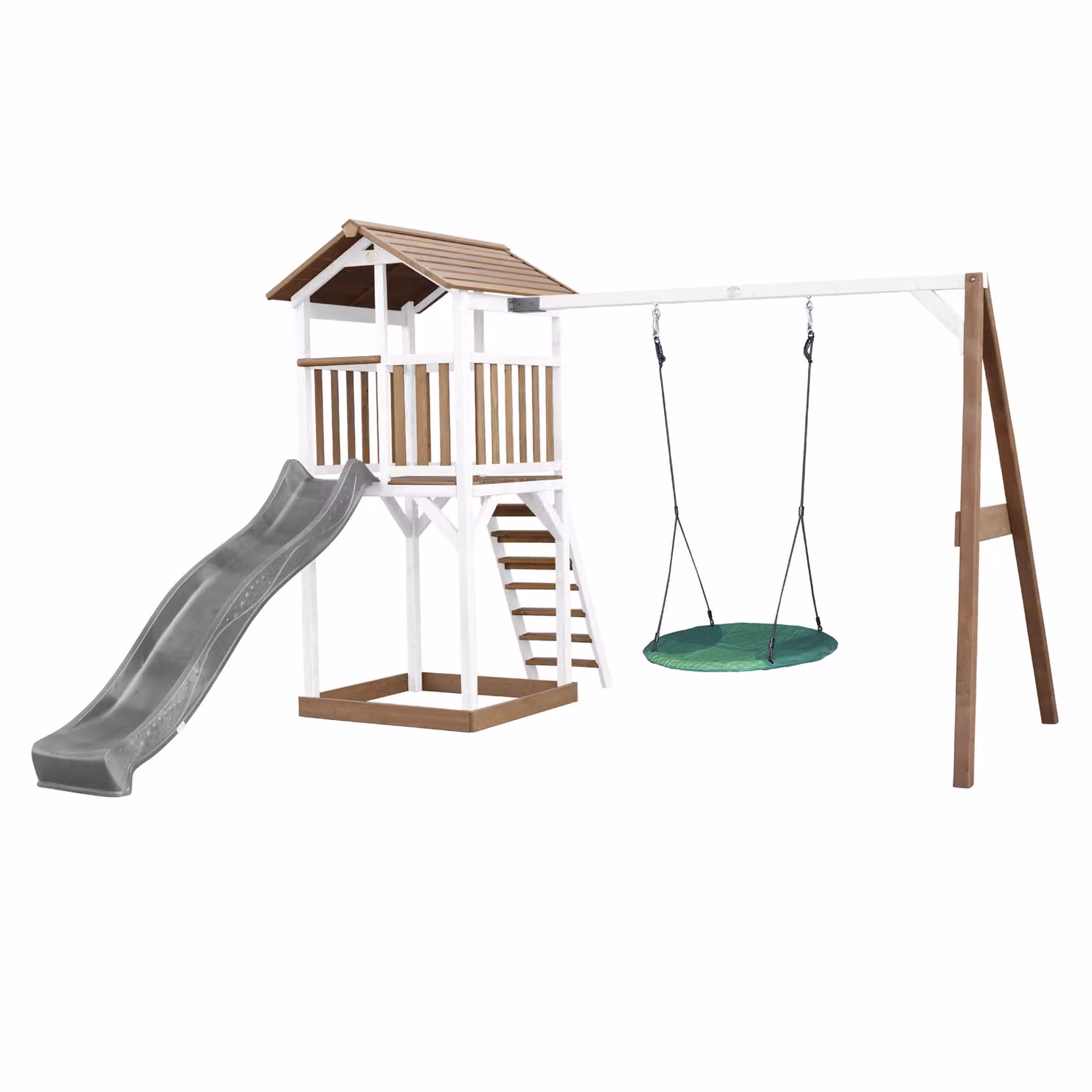 AXI Beach Tower parco giochi in legno in marrone e bianco | Torre di gioco con sabbiera, altalena a nido e scivolo grigio | Casa per bambini su palafitte per il giardino