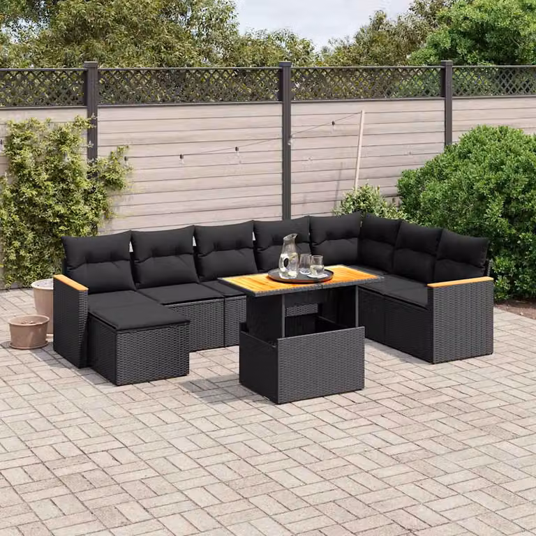 vidaXL Set Divani da Giardino a L in Polyrattan Nero con Cuscini e Tavolino da Esterno
