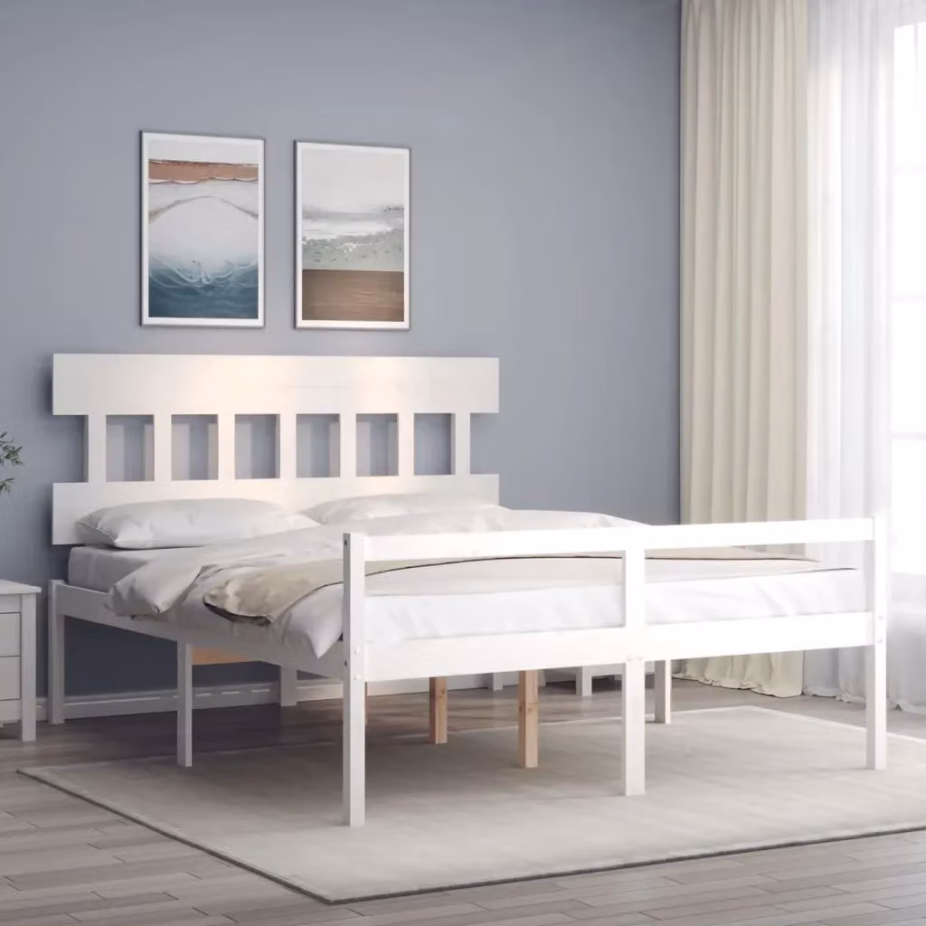 Letto matrimoniale in legno massello di pino bianco con testiera, stile rustico, L/P/H: 160 x 200 x 81 cm – 2