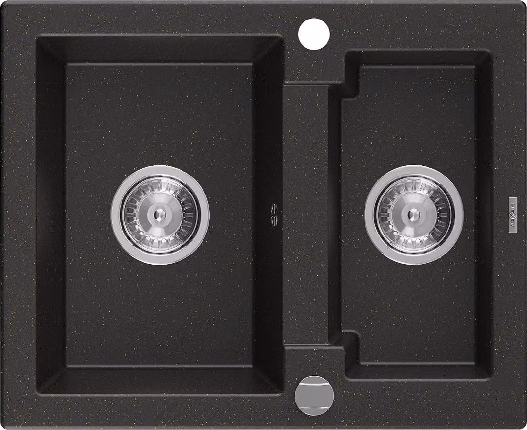Mexen Carlos lavello in granito da 1,5 vasche 582 x 475 mm, nero/oro metallizzato, sifone cromato - 6518581500-75
