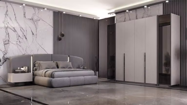 Set da camera da letto: letto imbottito, 2 comodini e armadio – Grigio