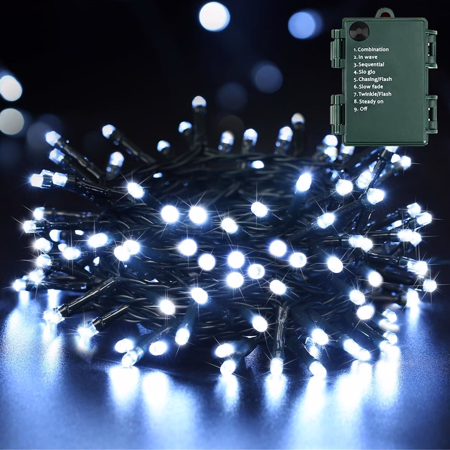 Catena luminosa a LED, 20 metri, 200 LED, luce bianca fredda, 8 modalità, impermeabile