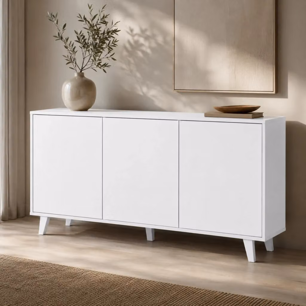 Credenza Moderna con 3 Ante Battenti Senza Maniglie in MDF Bianco per Soggiorno, Sala da Pranzo o Ingresso L: 154 cm, P: 41 cm, H: 75 cm – 2